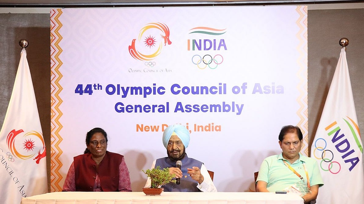 Photo: X | Team India : PT Usha (L) and Randhir Singh (M) at the 44th Olympic Council Of Asia Genera Assembly in New Delhi.
